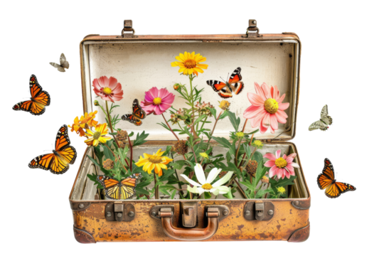 Vintage Suitcase Filled with Flowers and Butterflies