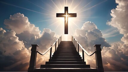 Staircase leading to heaven with silhouette of the Christian cross with clouds on the sky and sunlight in the background. Faith religion stairway to paradise, Jesus Christ path to life concept