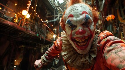 Scary Clown: A sinister-looking clown with creepy makeup, standing under flickering lights. Halloween.