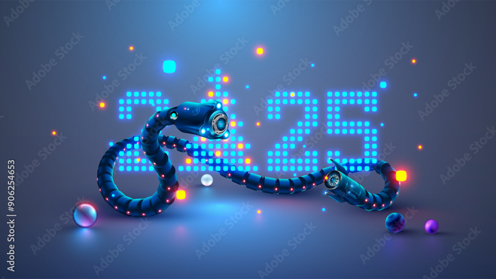 Fototapete Robot snake with AI wrapped around number of new year 2025. Christmas and new year greeting card with robot snake, digits 2025 in digital computers electronics technology style. China zodiac snake.