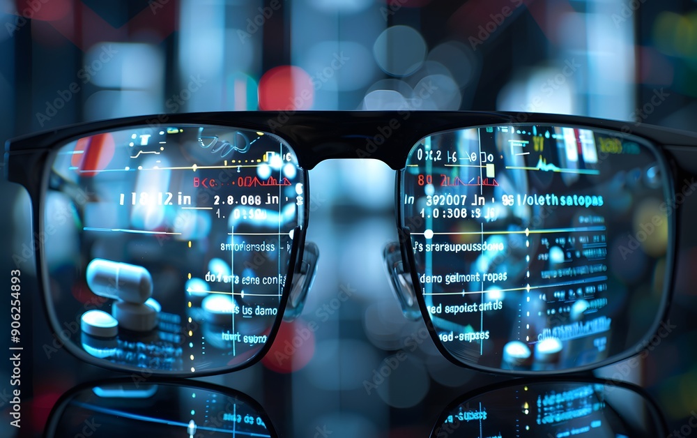 Poster close-up of computer code reflecting in eyeglasses, symbolizing technology, programming, and data an