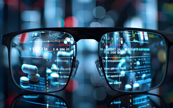 Close-up of computer code reflecting in eyeglasses, symbolizing technology, programming, and data analysis, with a bokeh background.