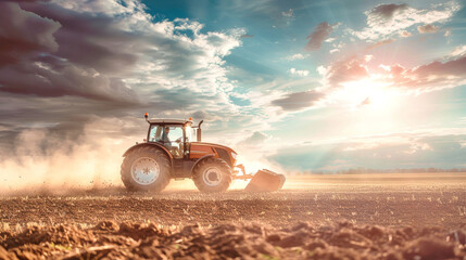 Obraz premium A powerful tractor works diligently, cultivating the land as dust clouds billow and a breathtaking sunset paints the sky with vibrant colors