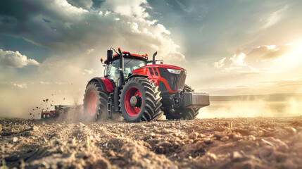 A robust tractor works the soil, creating dust clouds under a dramatic sky as it cultivates the field during the golden hour of the evening