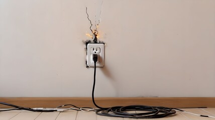 Fire burnt wall electricity plug with black cable. Electrical power circuit danger overload shock, home or house electric energy outlet, damaged, spark, hazard