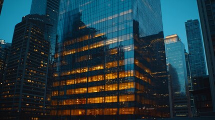 Obraz premium Double Exposure of Modern Glass Skyscraper with Cityscape Reflection, Blending Urban Architecture, Dynamic City Life, and Business Environment
