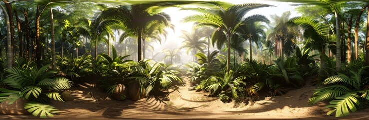 Fototapeta premium Immersive 360-Degree Rectangular Panorama of a Lush Tropical Paradise, Teeming with Exotic Flora and Vibrant Rainforest Life