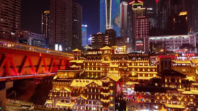 4K drone footage of Hongya Cave area over Jialing River in Chongqing, China