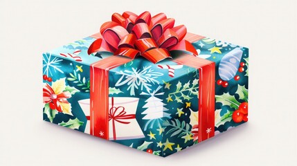Christmas gift wrapped in festive paper with a red bow, adorned with holiday-themed decorations against a white background.