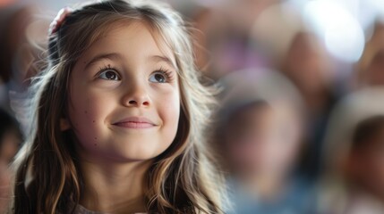 Obraz premium A young girl smiles warmly, captivated by the excitement around her at a lively event