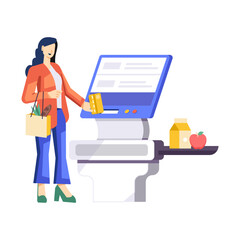 Girl doing self checkout, flat character illustration 

