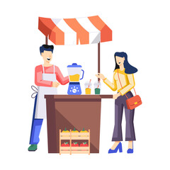 A flat character illustration of woman buying juice 

