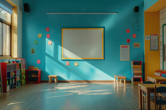 Empty classroom with a blank board on blue wall