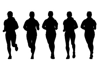 Young athletes run a marathon. Isolated silhouettes on white background
