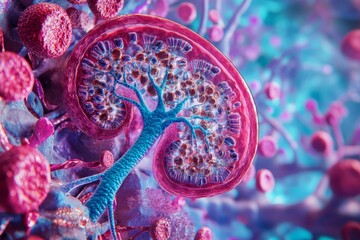 Detailed depiction of the filtration process in a kidney nephron, focusing on the reabsorption mechanisms. High-resolution, detailed textures, crisp focus