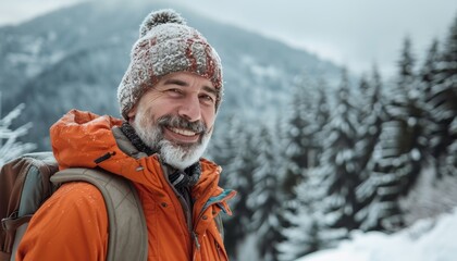 Fototapeta premium Smiling mature man in snowy wilderness portrait against mountain and forest backdrop