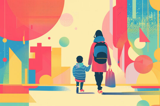 A vibrant minimalist illustration of a mother and kid walking together.