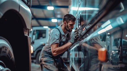 Expert auto body technician repairing bus in garage, preparing vehicle meticulously for painting