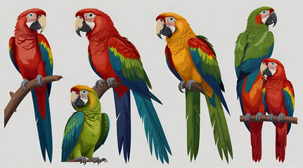 Set of adult parrot of red-and-green macaw Ara (Ara chloropterus) cartoon bird design flat vector illustration isolated on white background, generative.ai
