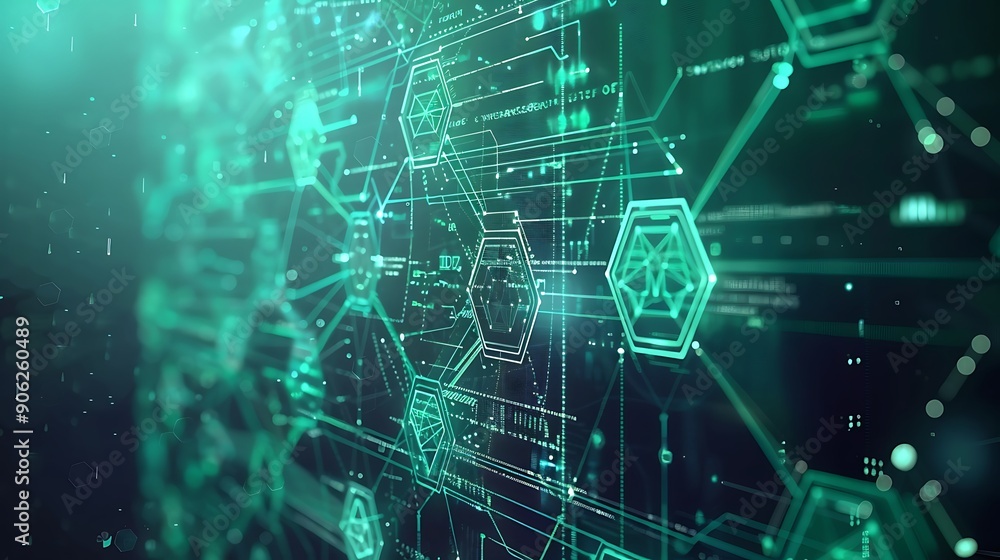 Poster minimalistic blockchain interface with interconnected nodes and smart contracts
