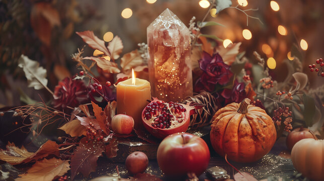 Festive Mabon altar with candle, fruits, and autumn leaves.