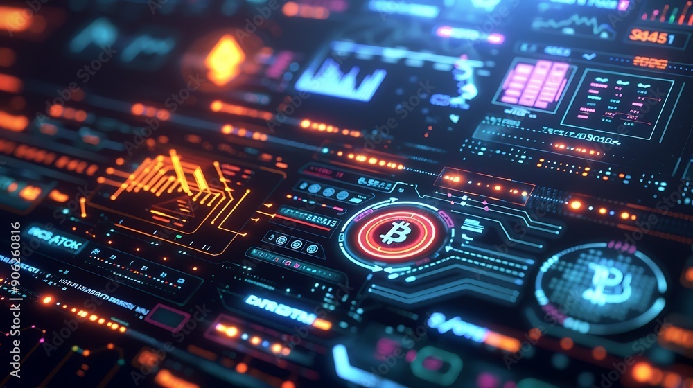 Poster futuristic digital interface with blockchain icons and real-time transaction data