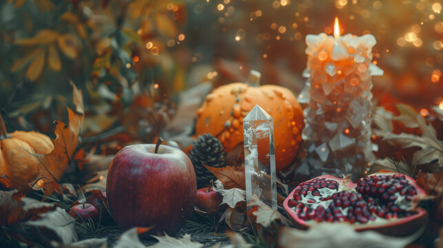 Festive Mabon altar with candle, fruits, and autumn leaves.