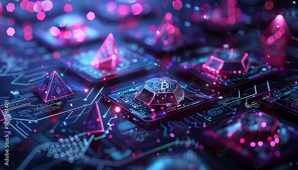 Poster high-tech blockchain interface with decentralized ledgers and crypto transactions