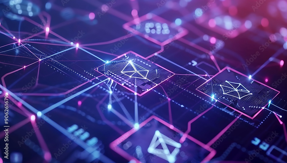 Poster high-tech blockchain interface with decentralized ledgers and crypto transactions