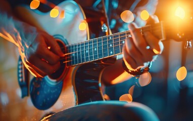 Fototapeta premium An adult in Europe practices playing the guitar in a cozy setting, surrounded by soft, warm lighting and vibrant atmosphere