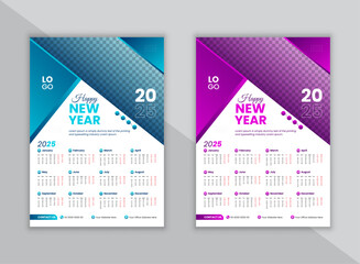 One page wall calendar design template 2025, modern 12 months one page calendar design, clean, minimalist, elegant design template for 2025,  vector design template for 2025 with 2 multiple colors.
