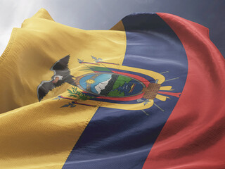 Waving Flag of Ecuador in Blue Sky. Ecuador Flag on pole for Independence day. The symbol of the state on wavy fabric.