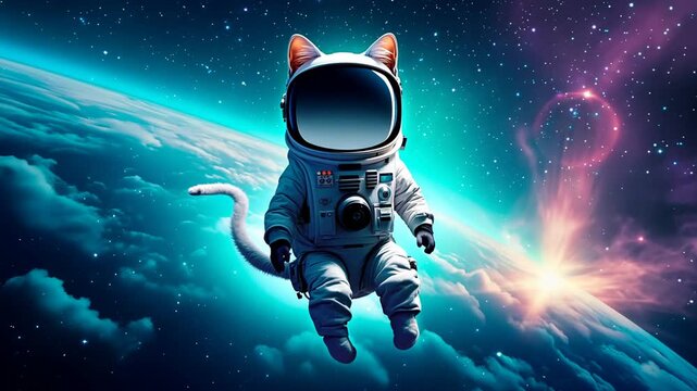 Cat Astronaut Exploring Cosmic Regions and Uncovering Galactic Secrets in Outer Space