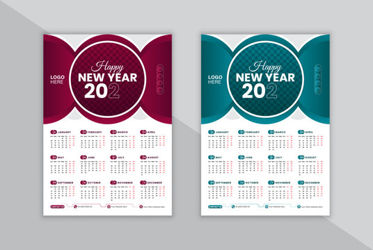 One page wall calendar design template 2025, modern 12 months one page calendar design, clean, minimalist, elegant design template for 2025,  vector design template for 2025 with 2 multiple colors.