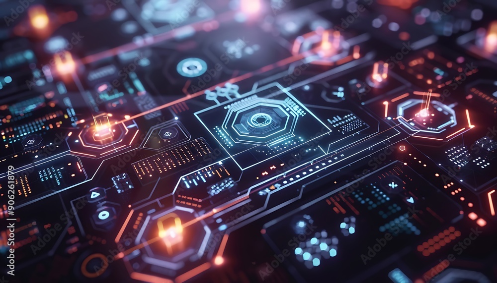 Poster cyberpunk digital interface with blockchain icons and encrypted data streams