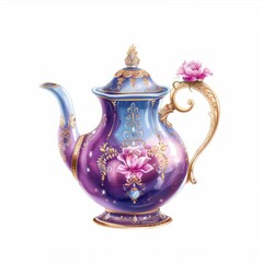 watercolor painting of a teapot, isolated on a white background.