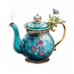 watercolor painting of a teapot, isolated on a white background.
