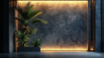 Minimalist indoor environment, concrete walls and floors, equipped with palm trees. The dark lighting enhances the delicate atmosphere, creating a modern and fashionable interior design concept.