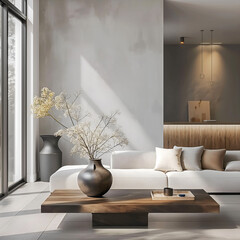 Aesthetic elegant minimalist japandi interior design. Clear mock up empty wall for decoration. Copy space. Neutral palette of natural colors.