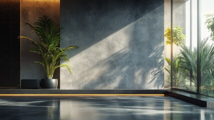 Minimalist indoor environment, concrete walls and floors, equipped with palm trees. The dark lighting enhances the delicate atmosphere, creating a modern and fashionable interior design concept.