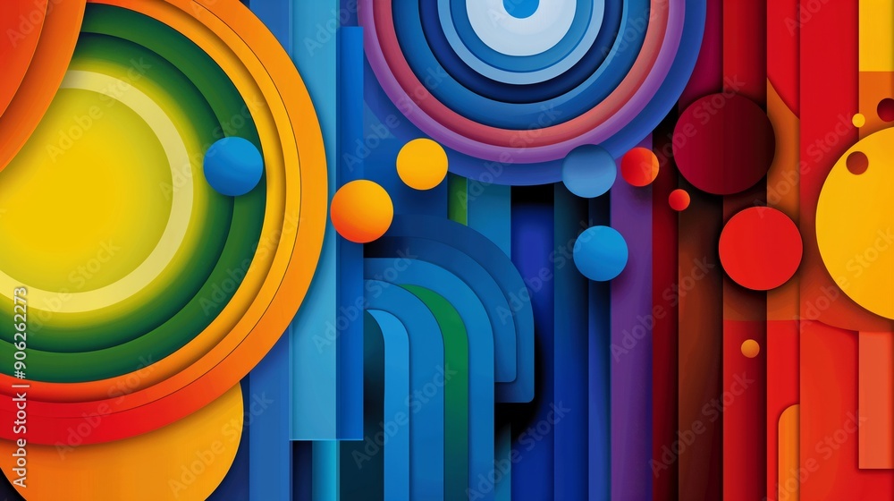 Poster a colorful abstract painting with many circles and lines. the circles are of different sizes and col
