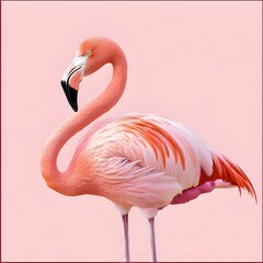 a Flamingo Showcasing the Vibrant Detailed Feathers Beak and Natural Imperfections against a Solid Light pink Background