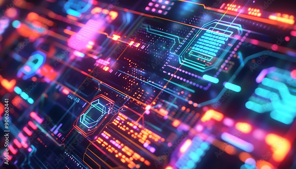 Poster holographic blockchain interface with smart contract symbols and secure transaction visuals