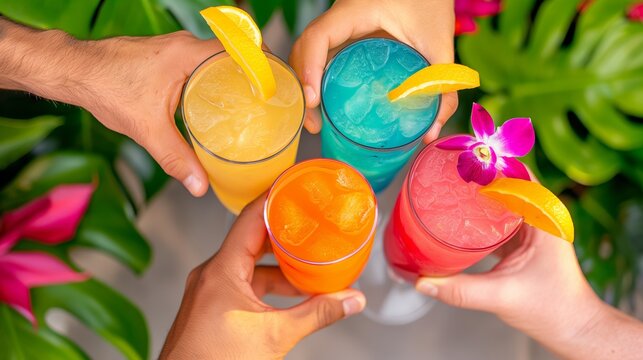 Four people are holding up glasses of colorful drinks, including orange and blue. The drinks are garnished with flowers, and the people are smiling and toasting to a good time