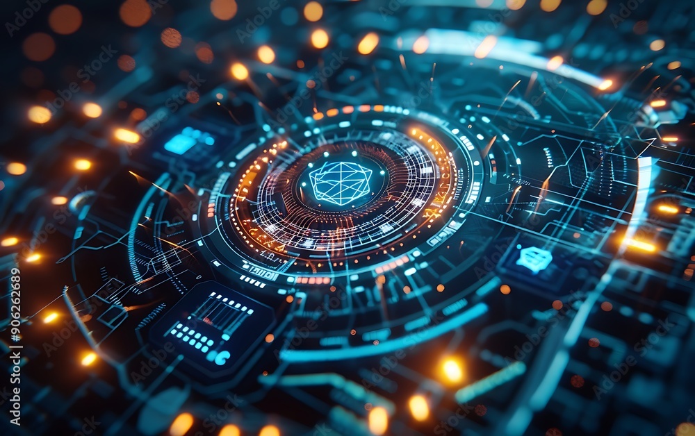 Poster high-tech blockchain interface with encrypted transaction visuals on holographic screens