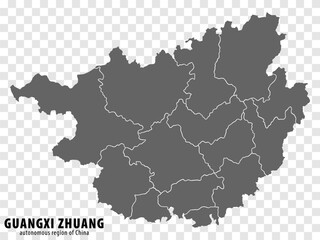 Blank map  Guangxi Autonomous Region of China. High quality map Guangxi Zhuang with municipalities on transparent background for your web site design, logo, app, UI. People's Republic of China.  EPS10