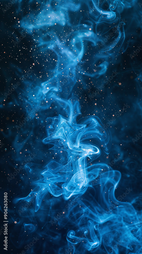 Poster a captivating display of blue smoke particles swirls and floats on a dark black background, creating