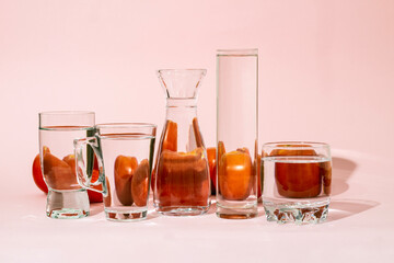 Tomatos behind glass vessels filled with water. Distorted reflection.