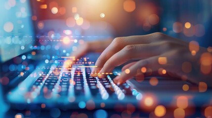 Hands typing on a keyboard with digital encryption symbols, encryption, secure data storage