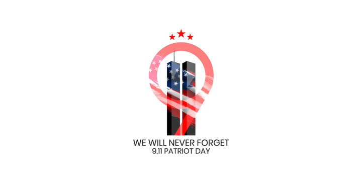 Patriot Day Background, September 11, United States flag, 911 memorial and Never Forget lettering, Vector conceptual illustration